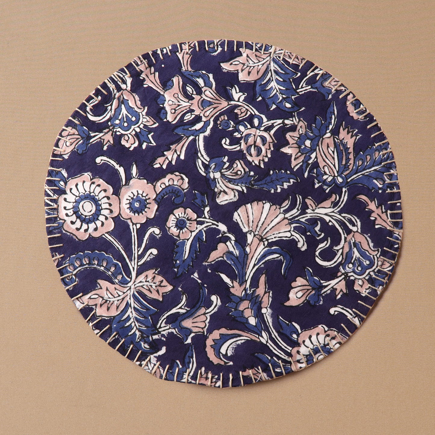 Hand Embroidered Floral Block Print Cotton Round Roti Napkin 08