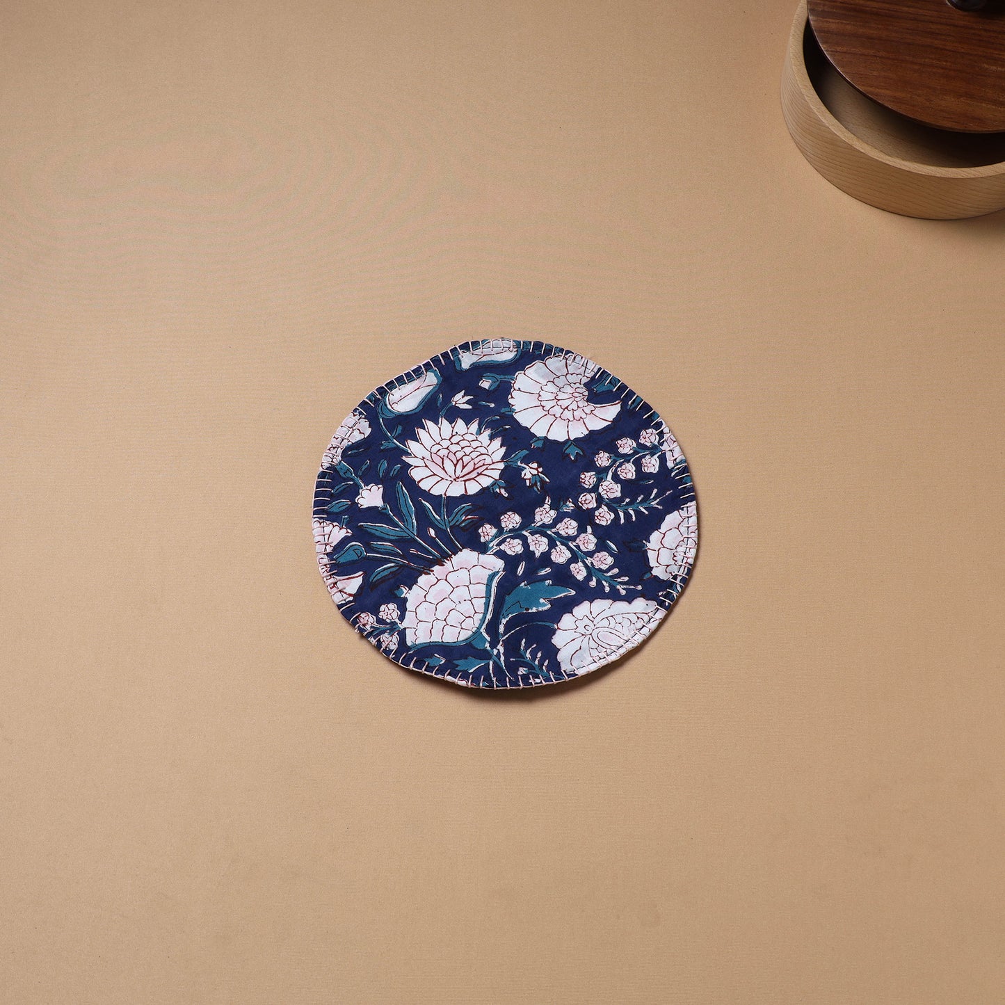 Blue - Hand Embroidered Floral Block Print Cotton Round Roti Napkin 06