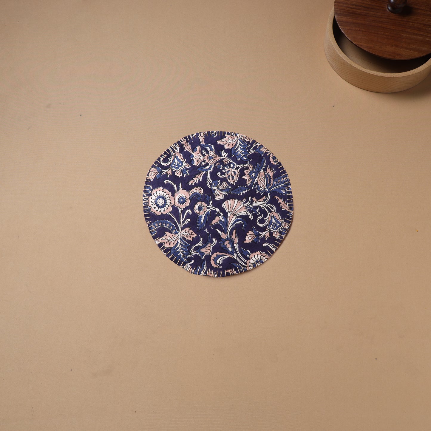 Hand Embroidered Floral Block Print Cotton Round Roti Napkin 08