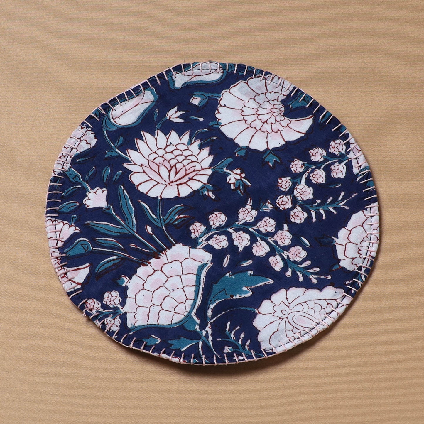 Blue - Hand Embroidered Floral Block Print Cotton Round Roti Napkin 06