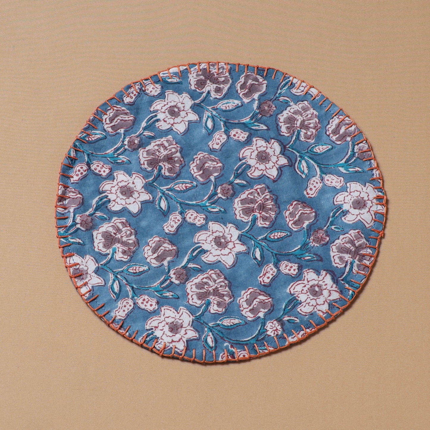 Blue - Hand Embroidered Floral Block Print Cotton Round Roti Napkin 09