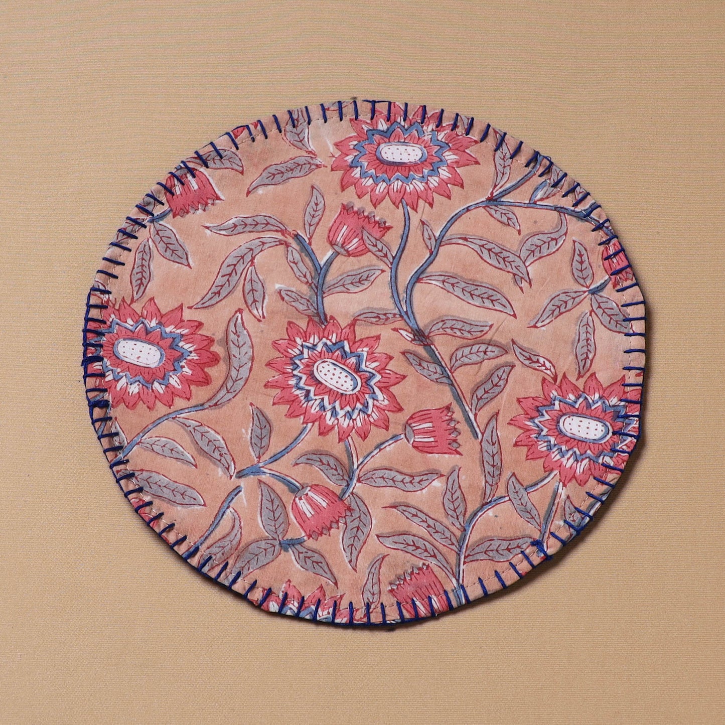Peach - Hand Embroidered Floral Block Print Cotton Round Roti Napkin 10