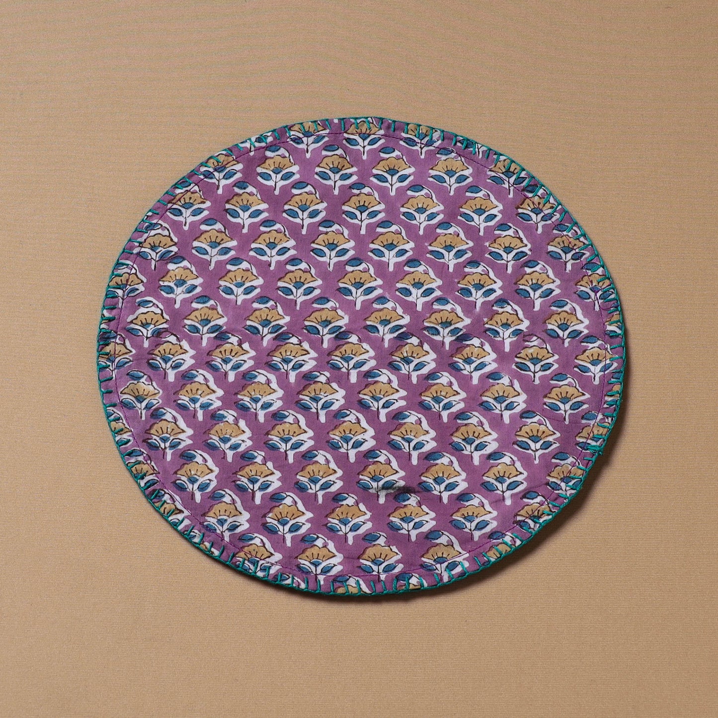 Purple - Hand Embroidered Floral Block Print Cotton Round Roti Napkin 17