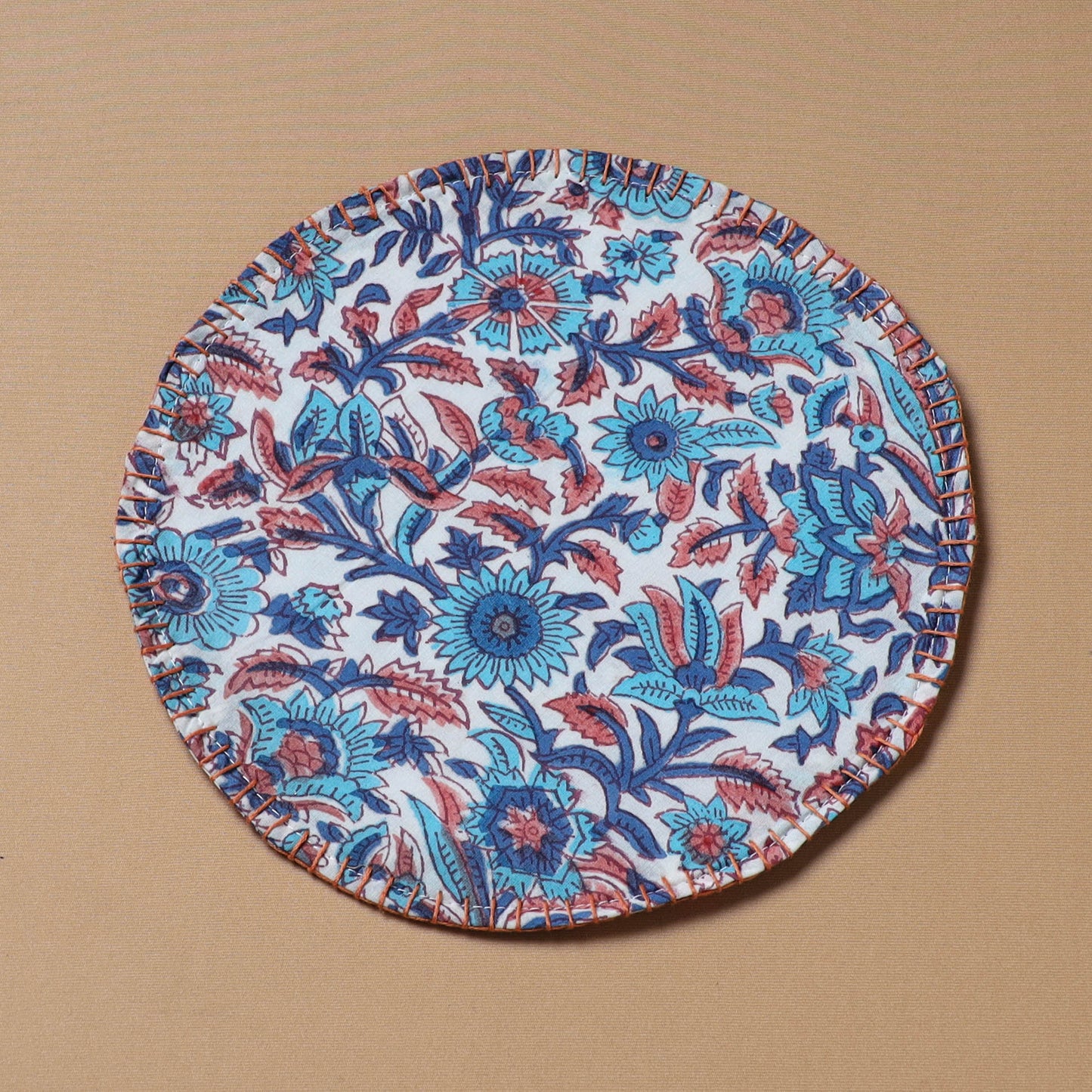 Multi colour - Hand Embroidered Floral Block Print Cotton Round Roti Napkin 18