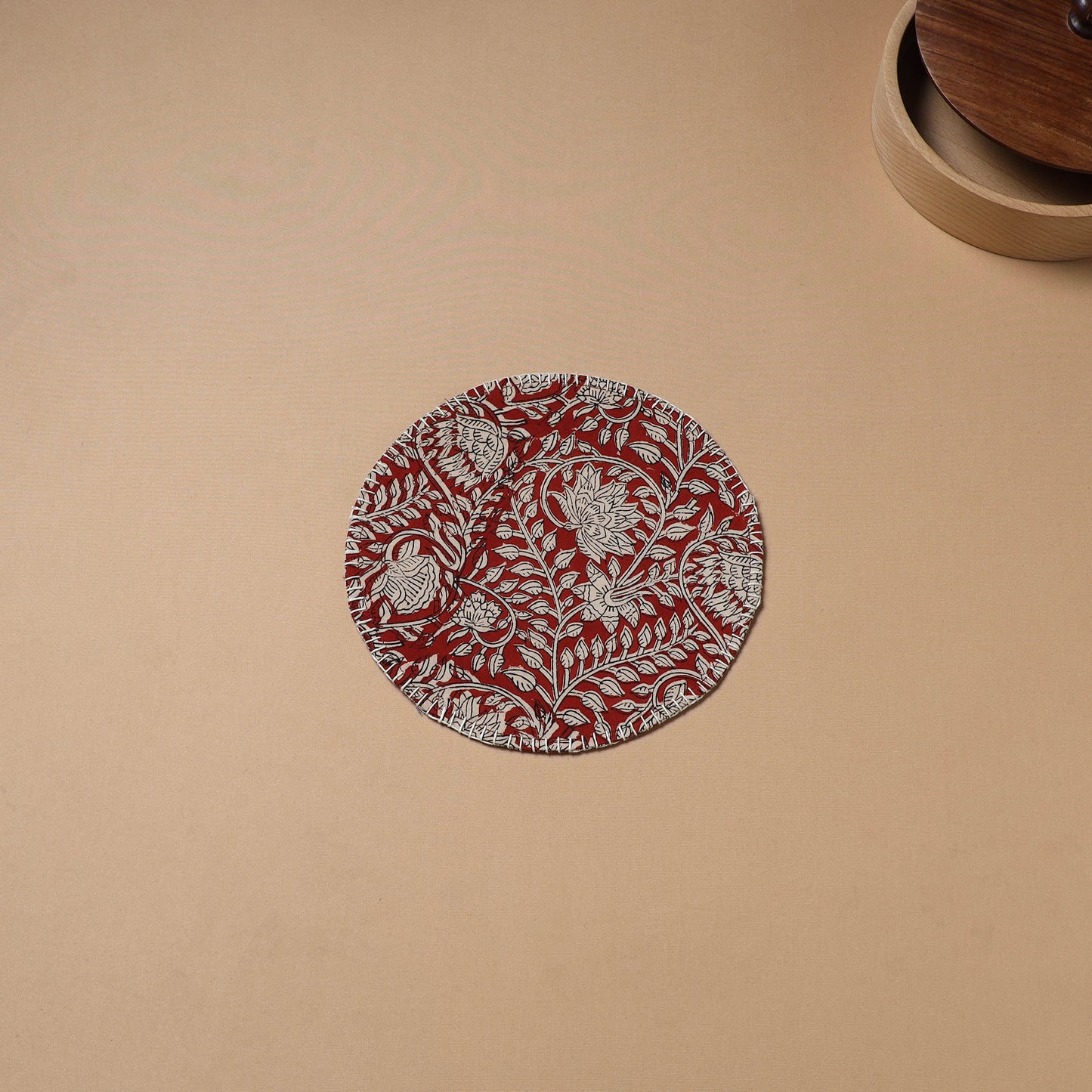 Red - Hand Embroidered Bagru Block Print Cotton Round Roti Napkin 22