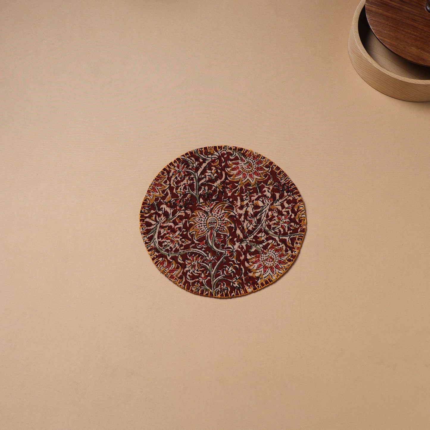 Brown - Hand Embroidered Kalamkari Block Print Cotton Round Roti Napkin 23