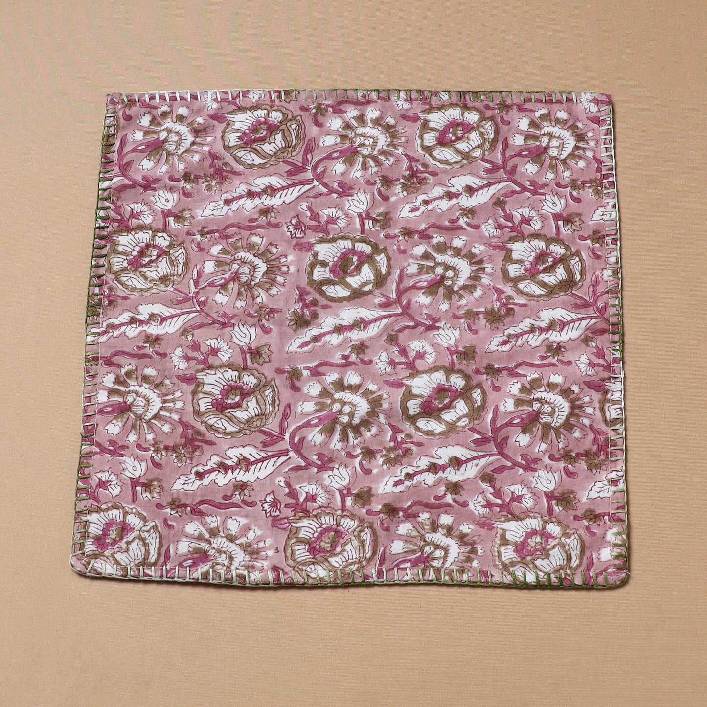 Pink - Hand Embroidered Floral Block Print Cotton Square Roti Napkin 30