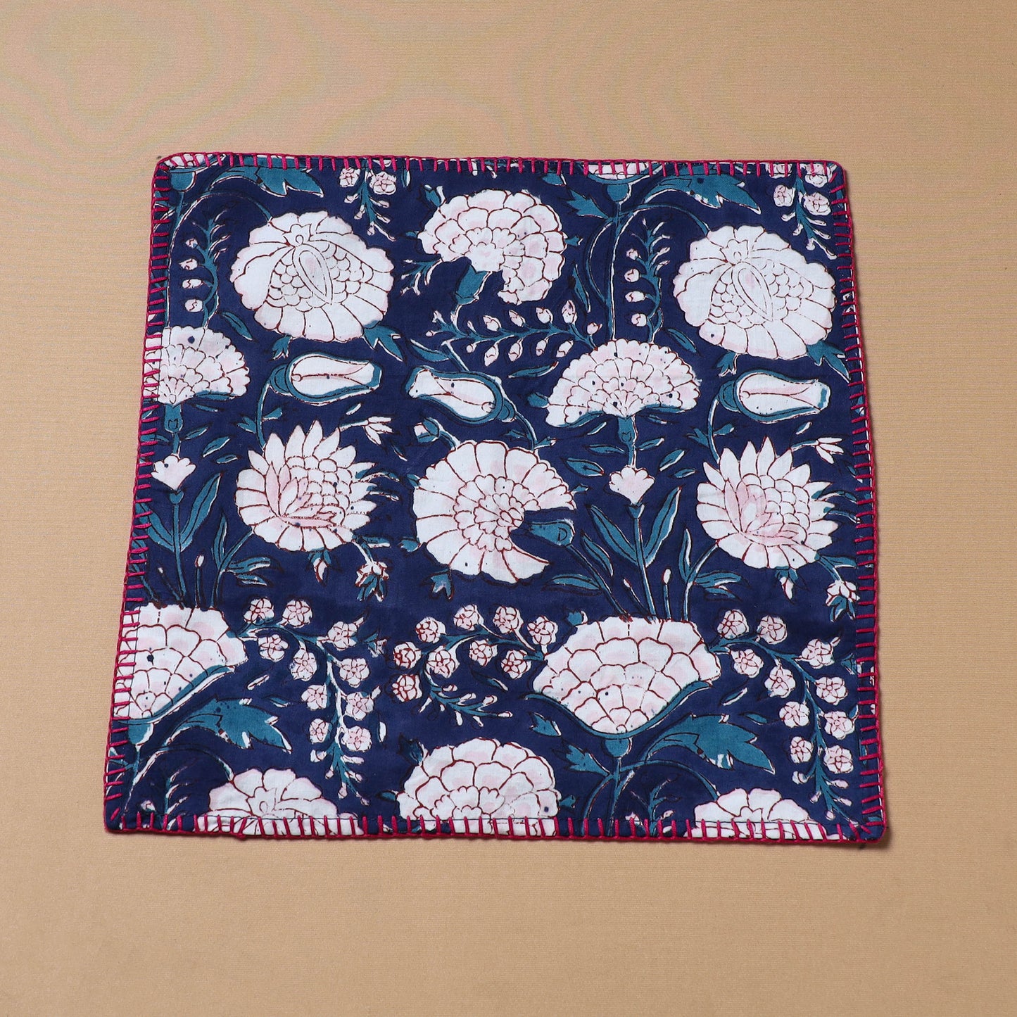 Blue - Hand Embroidered Floral Block Print Cotton Square Roti Napkin 31