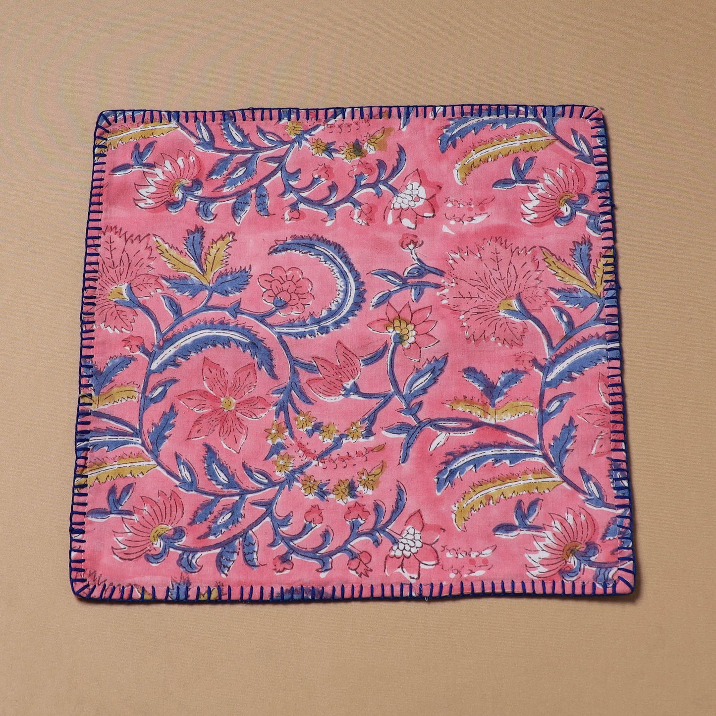 Pink - Hand Embroidered Floral Block Print Cotton Square Roti Napkin 33