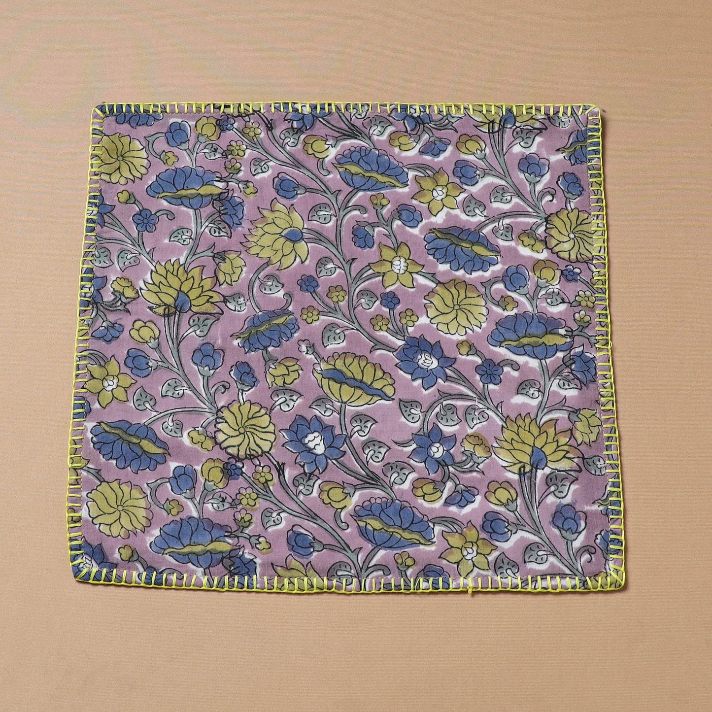 Purple - Hand Embroidered Floral Block Print Cotton Square Roti Napkin 34