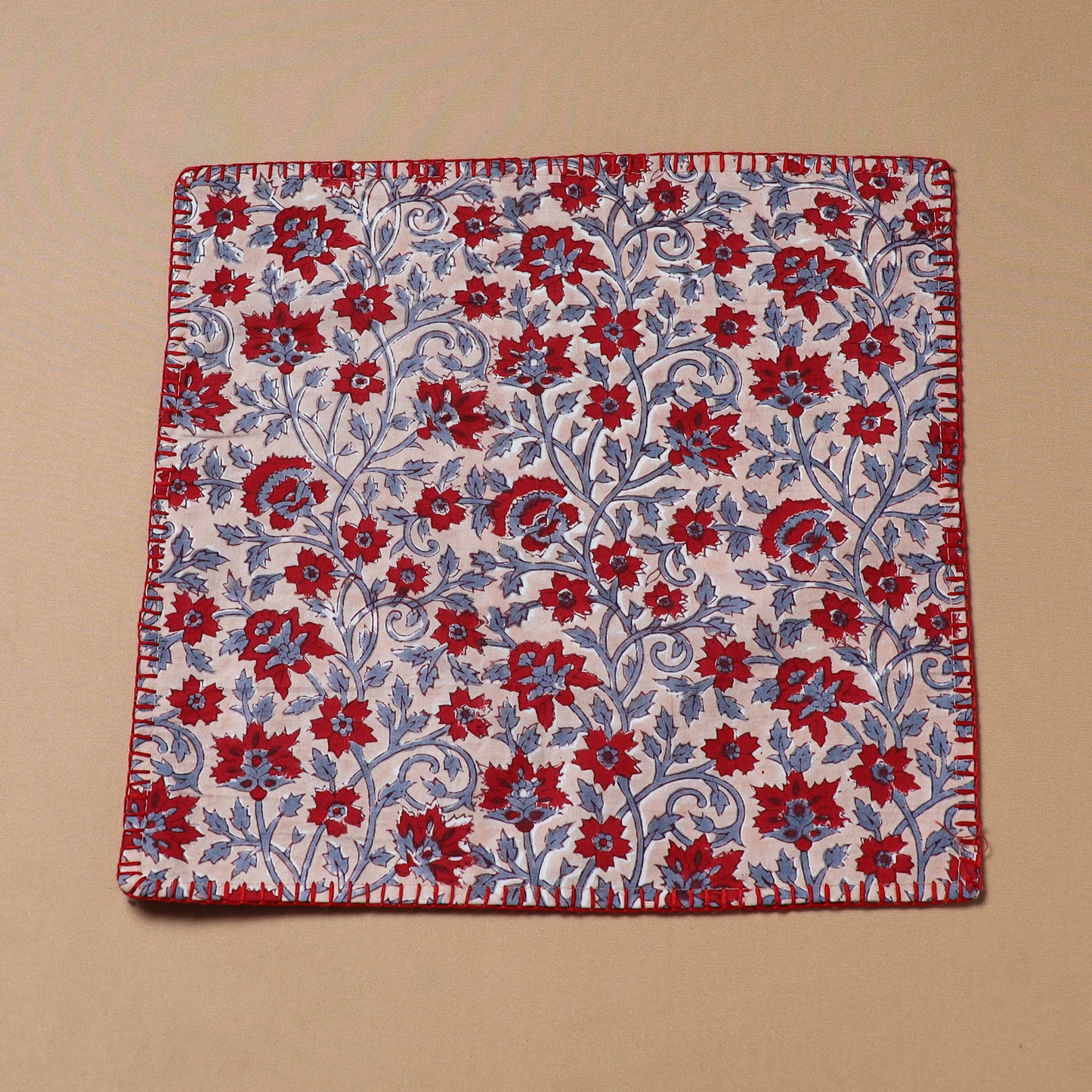 Red - Hand Embroidered Floral Block Print Cotton Square Roti Napkin 35