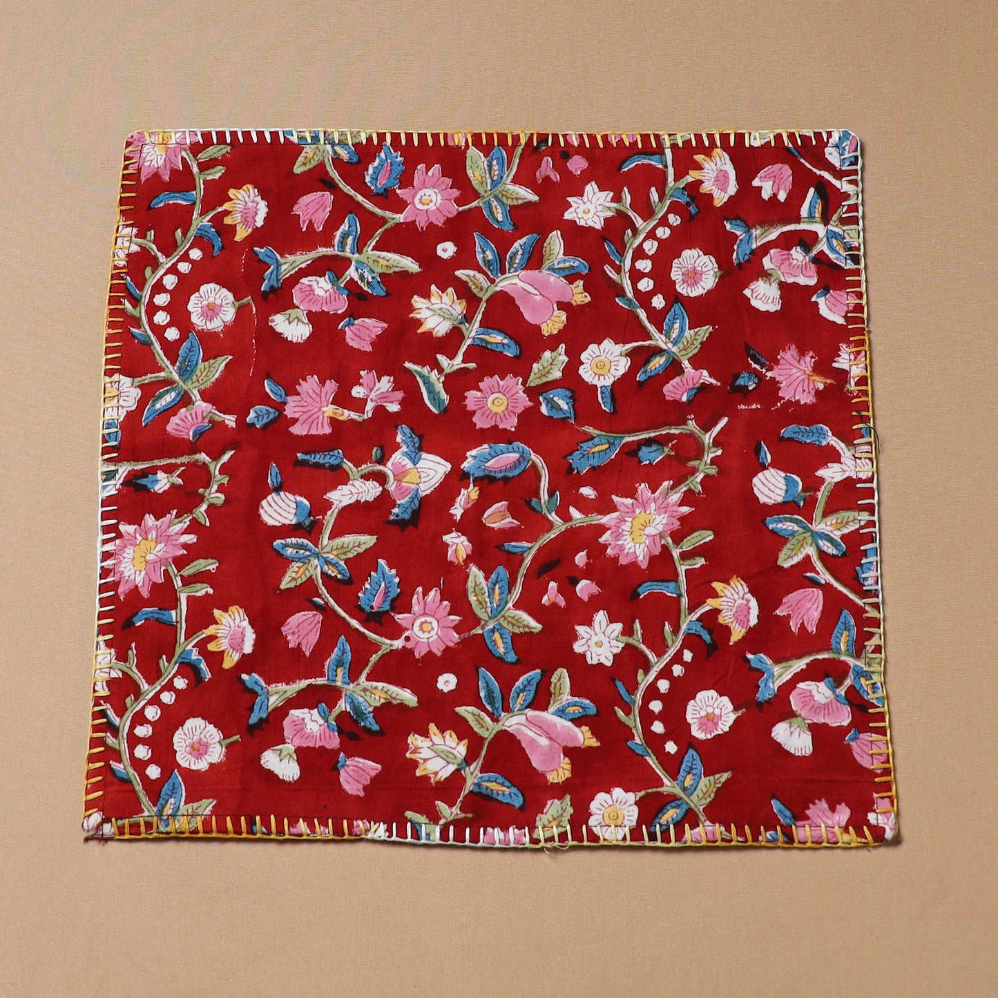 Red - Hand Embroidered Floral Block Print Cotton Square Roti Napkin 36