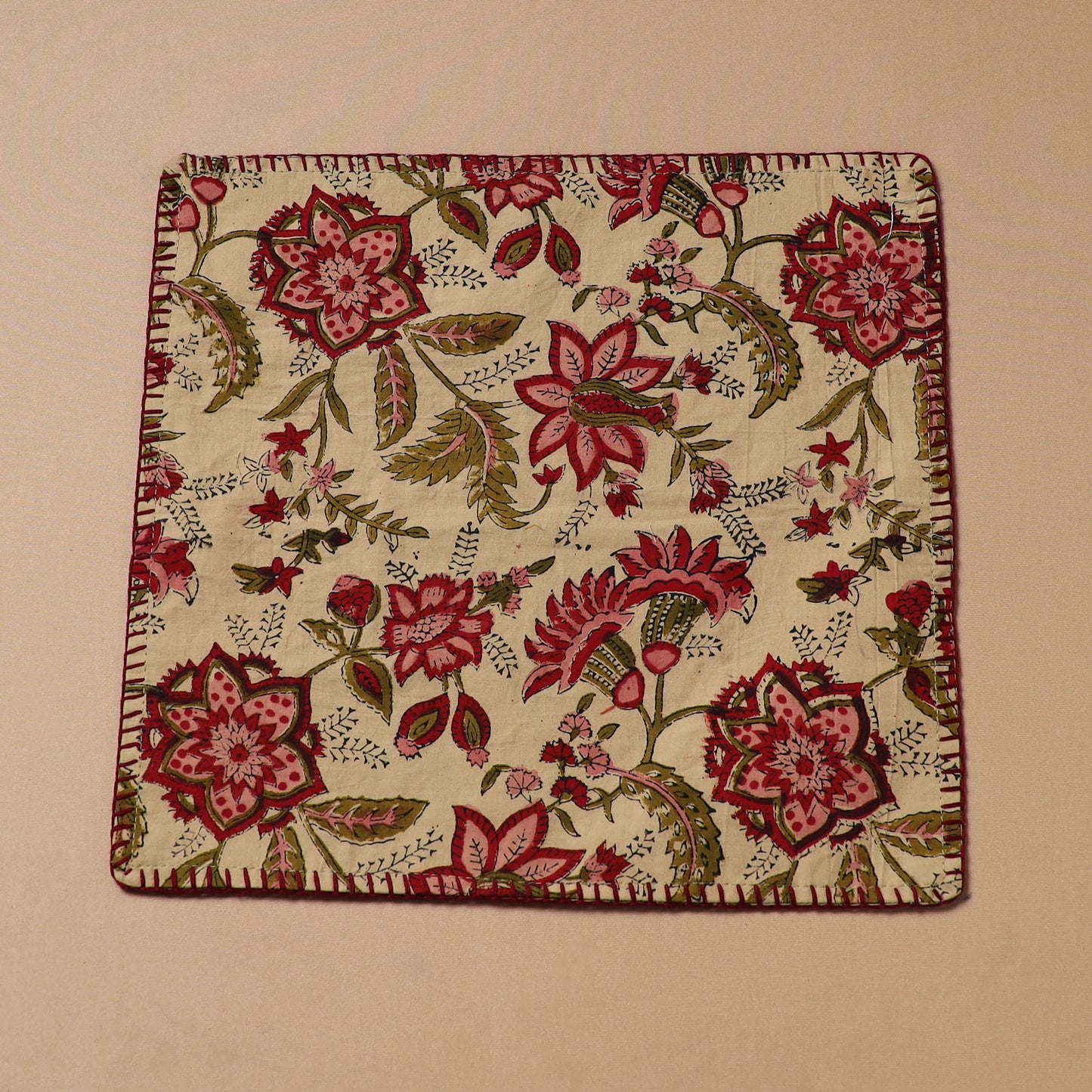 Hand Embroidered Floral Block Print Cotton Square Roti Napkin 39