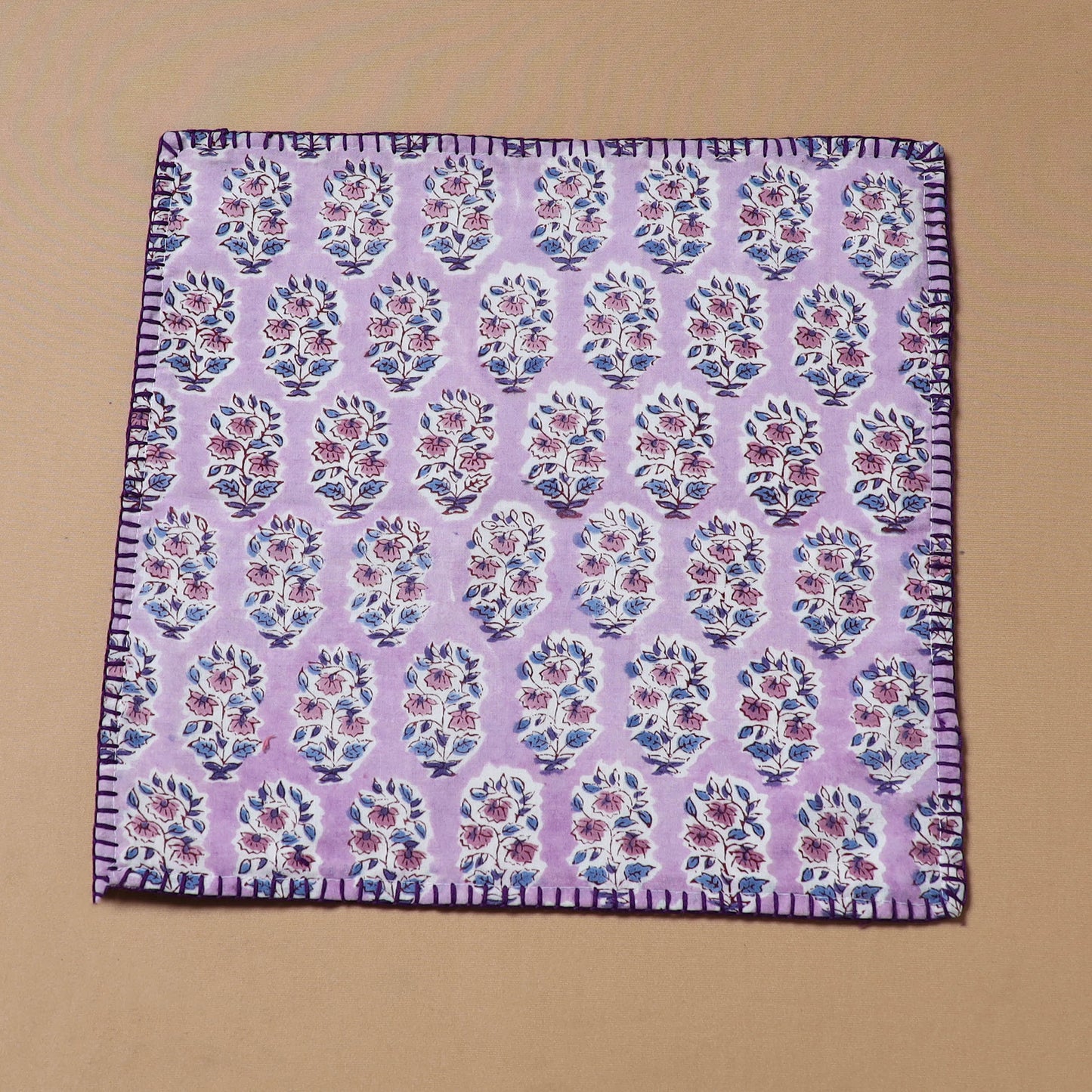 Purple - Hand Embroidered Floral Block Print Cotton Square Roti Napkin 40