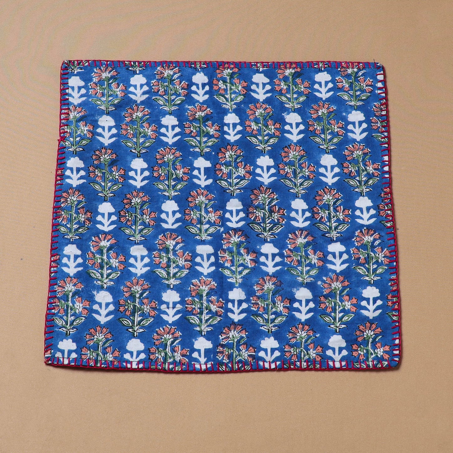 Blue - Hand Embroidered Floral Block Print Cotton Square Roti Napkin 41