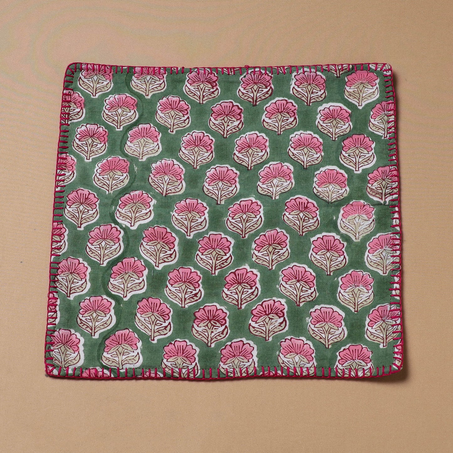 Hand Embroidered Floral Block Print Cotton Square Roti Napkin 42