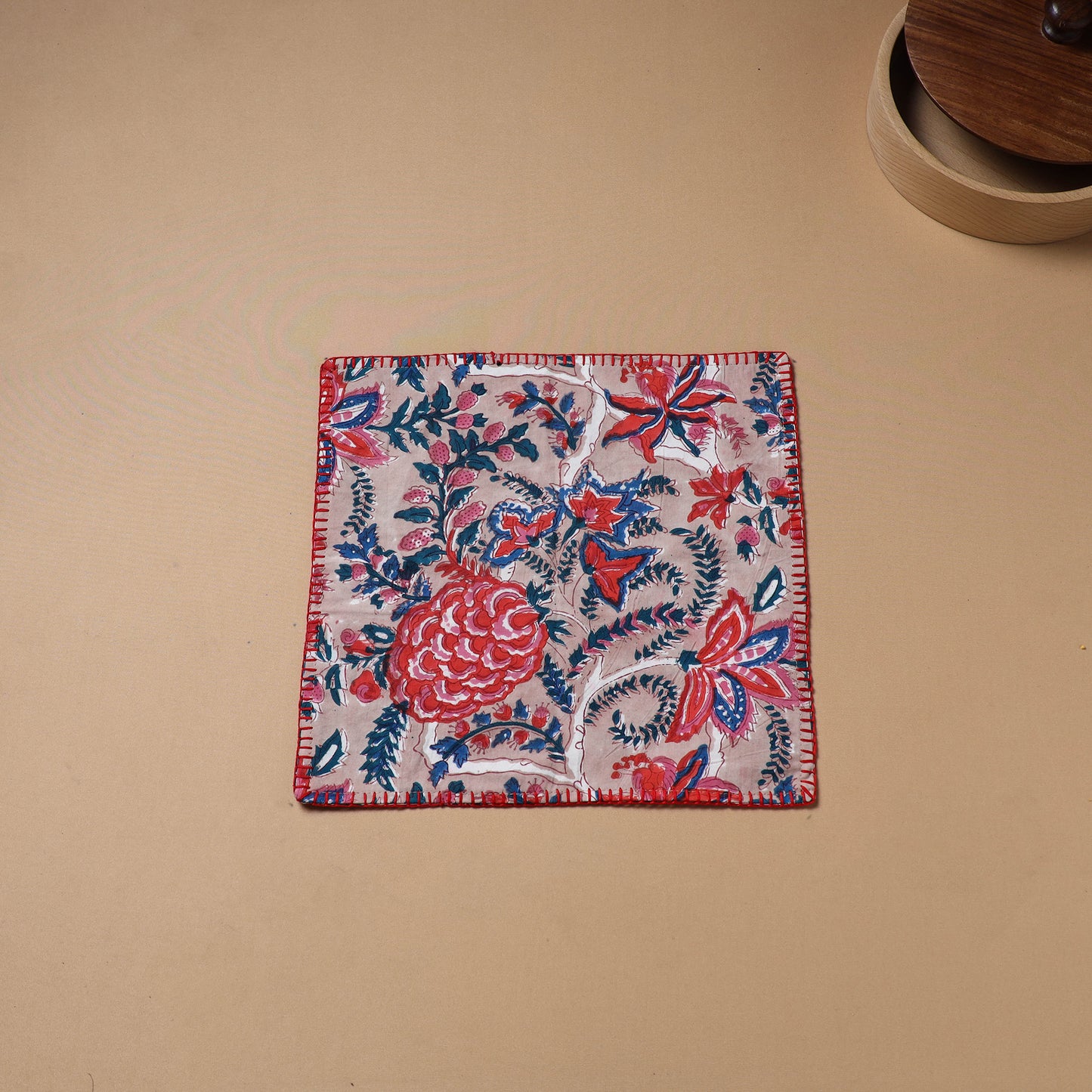 Pink - Hand Embroidered Floral Block Print Cotton Square Roti Napkin 43