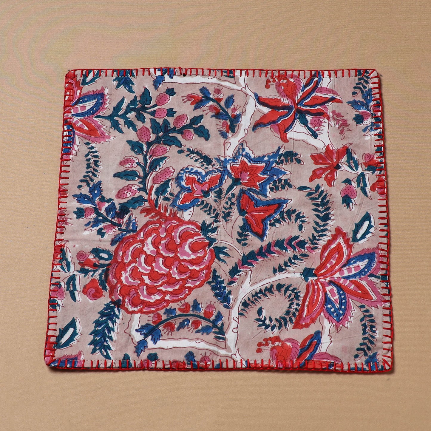 Pink - Hand Embroidered Floral Block Print Cotton Square Roti Napkin 43