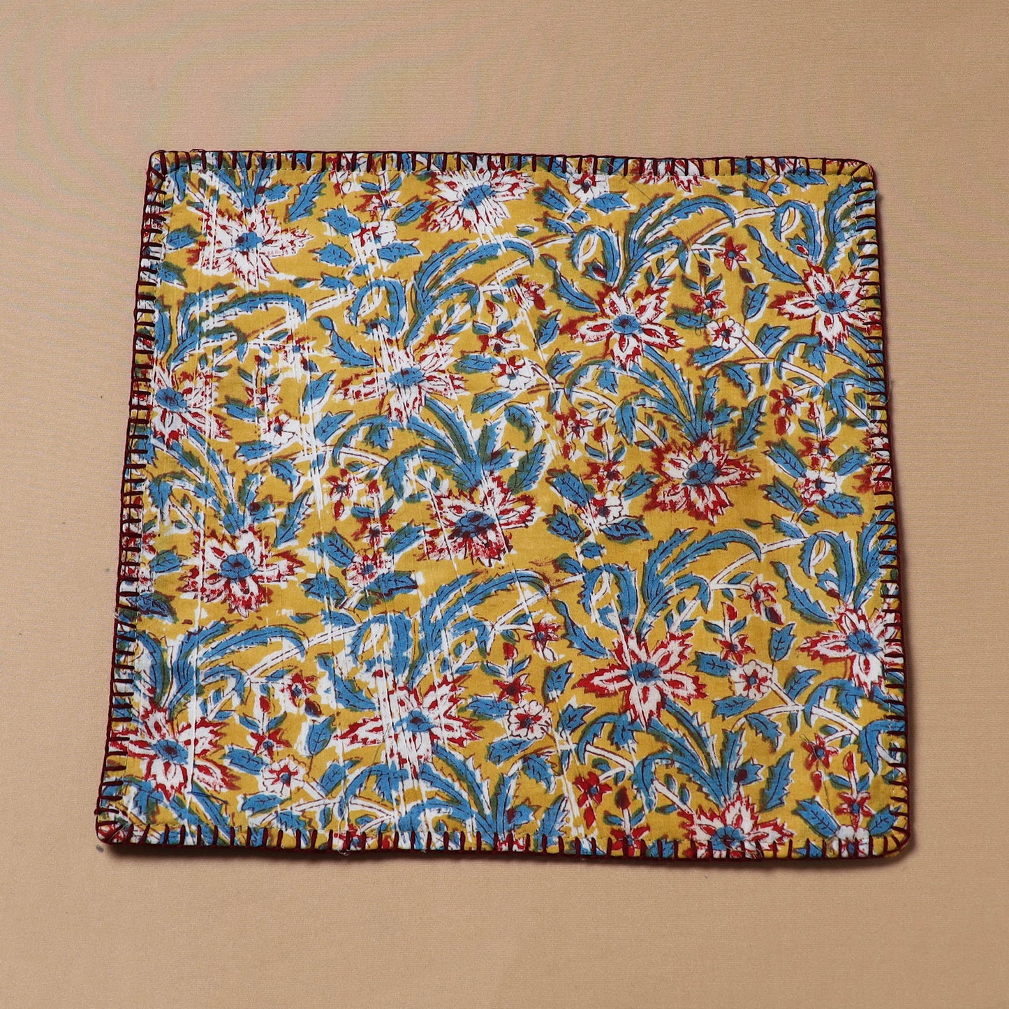 Hand Embroidered Floral Block Print Cotton Square Roti Napkin 44