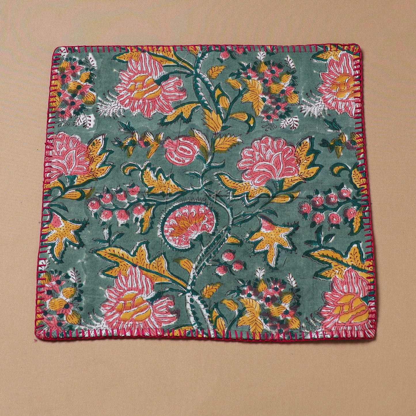 Green - Hand Embroidered Floral Block Print Cotton Square Roti Napkin 45