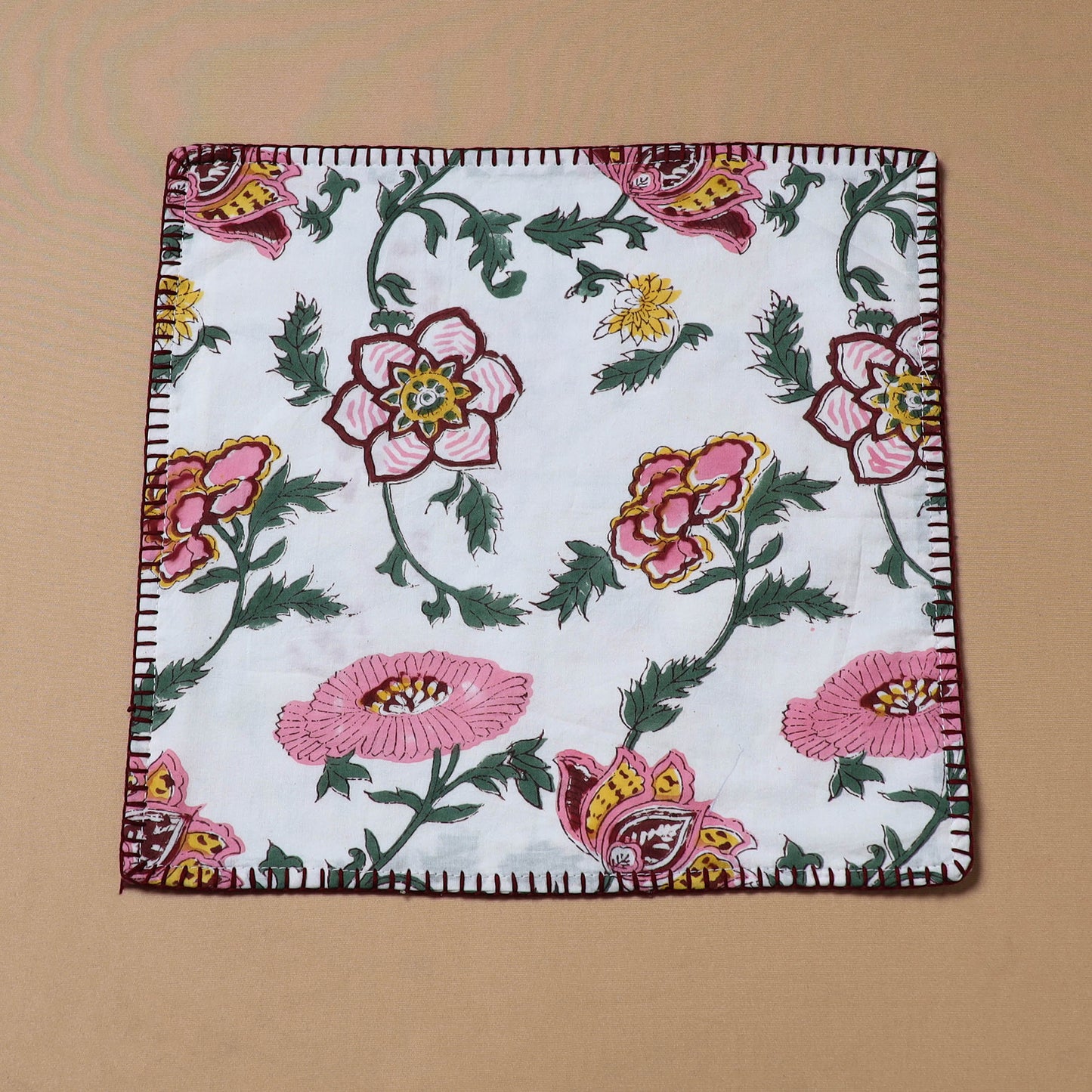 White - Hand Embroidered Floral Block Print Cotton Square Roti Napkin 47
