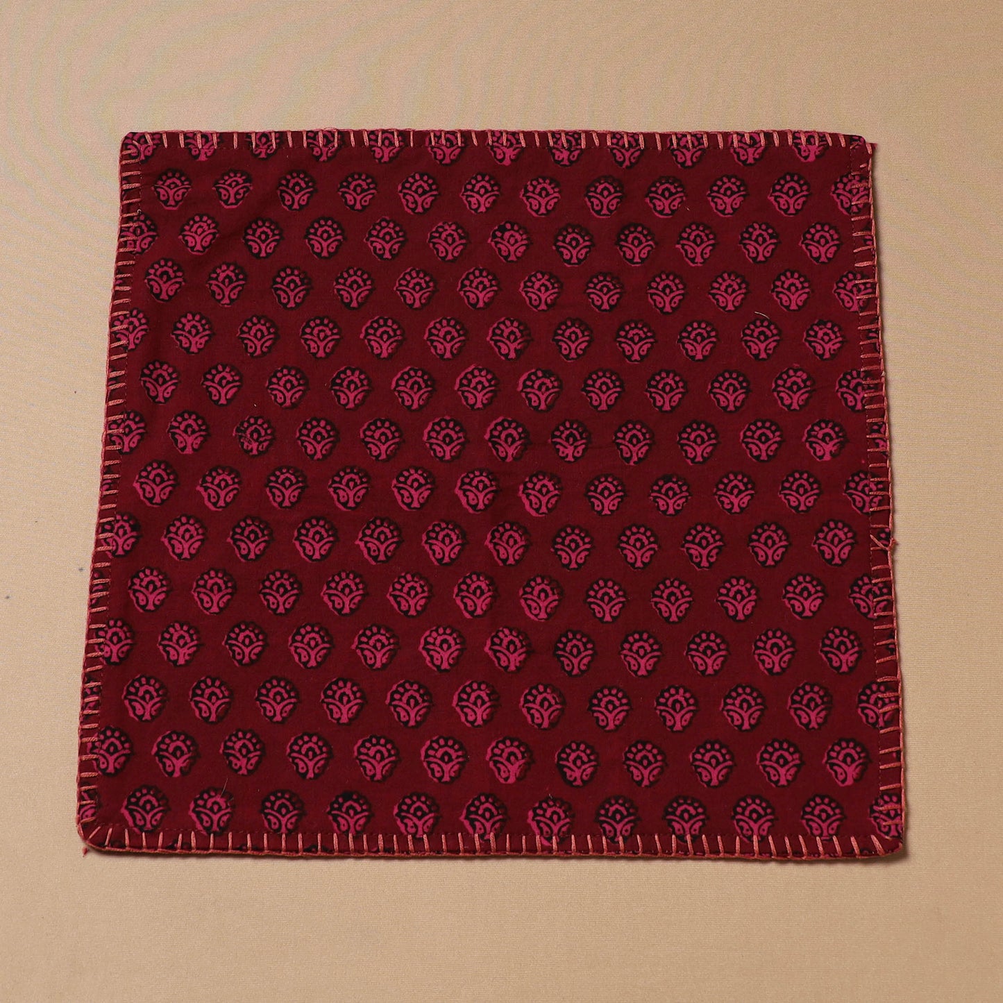 Red - Hand Embroidered Bagh Block Print Cotton Square Roti Napkin 48