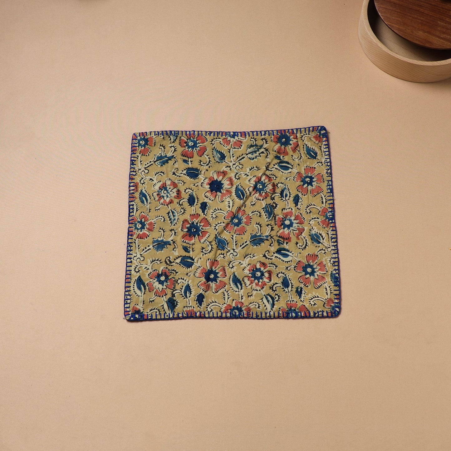 Yellow - Hand Embroidered Kalamkari Block Print Cotton Square Roti Napkin 51