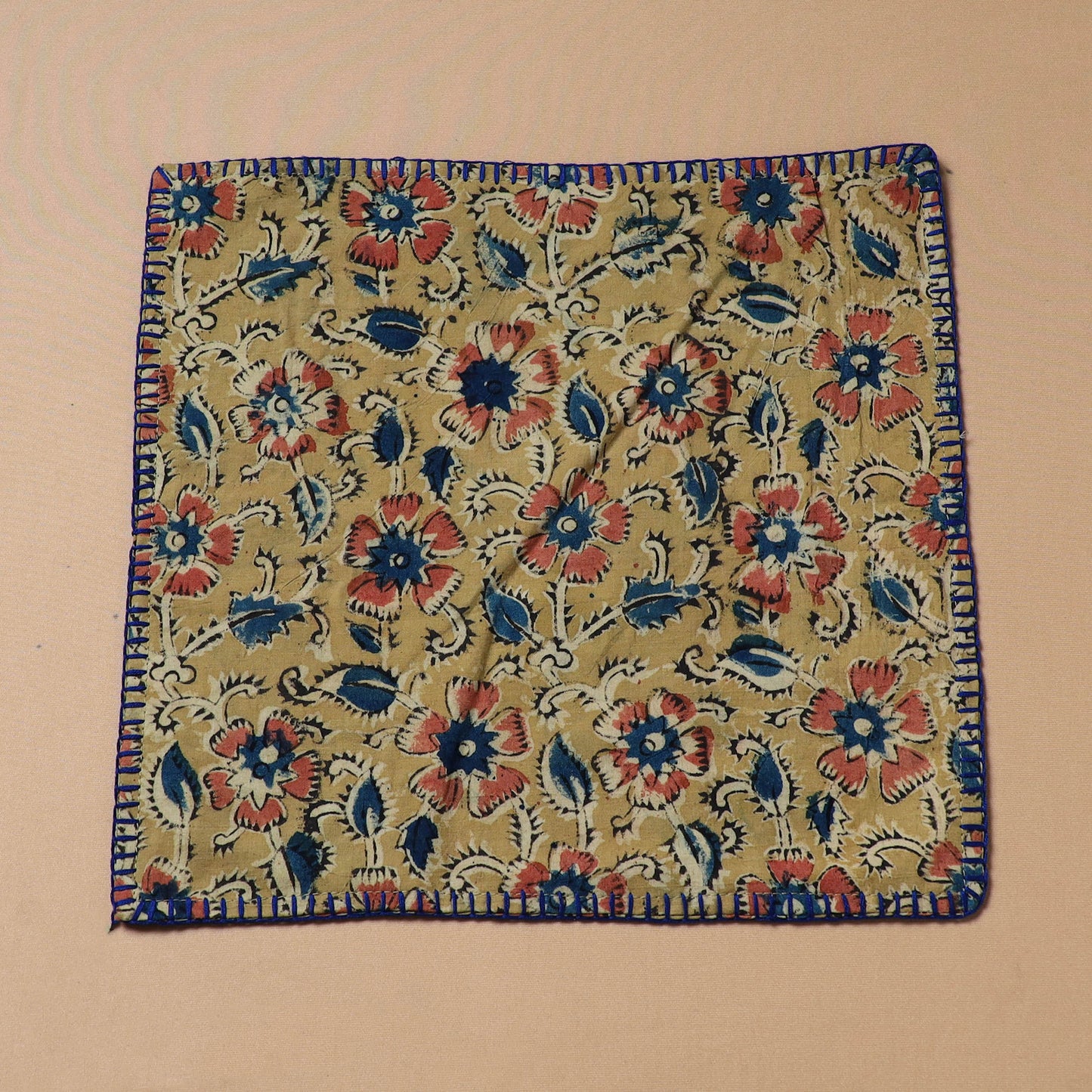 Yellow - Hand Embroidered Kalamkari Block Print Cotton Square Roti Napkin 51