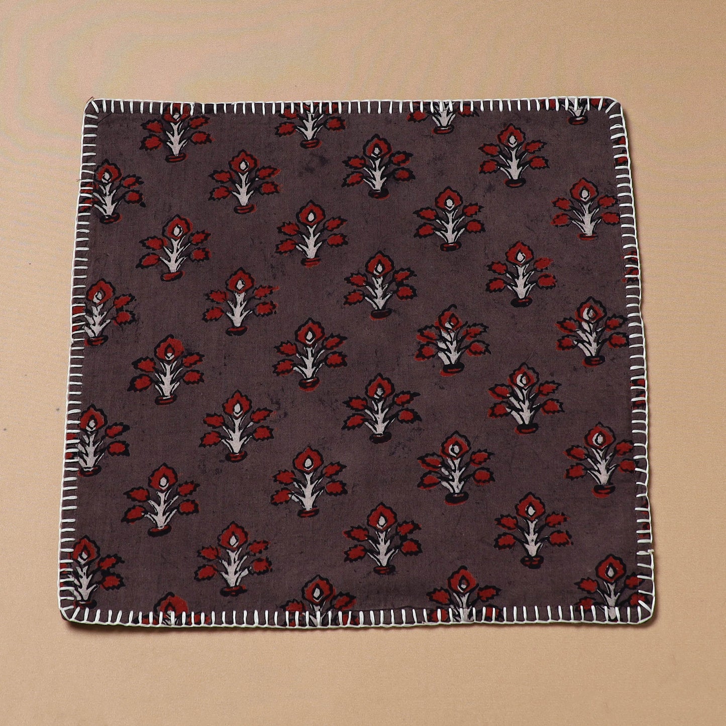 Maroon - Hand Embroidered Ajrakh Block Print Cotton Square Roti Napkin 50