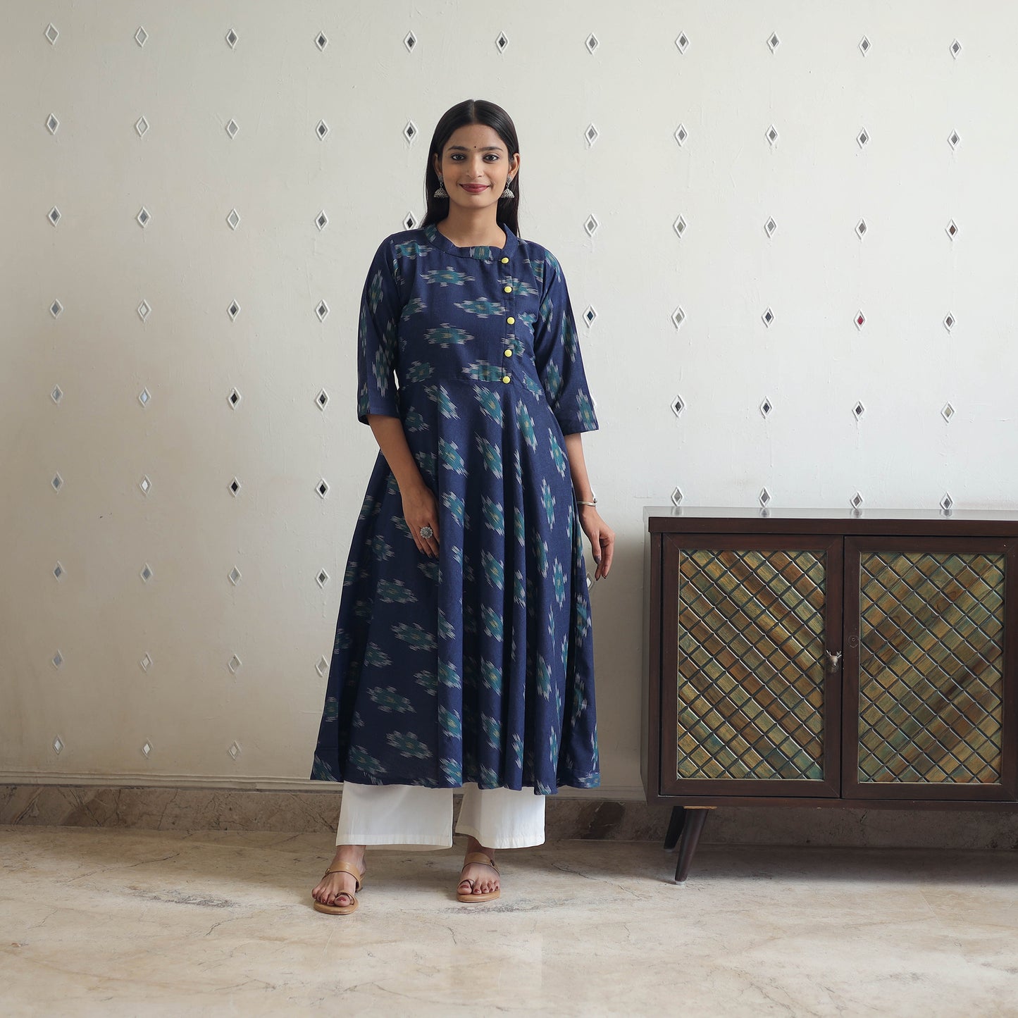 Blue - Cotton Flared Pochampally Ikat Kurta 18