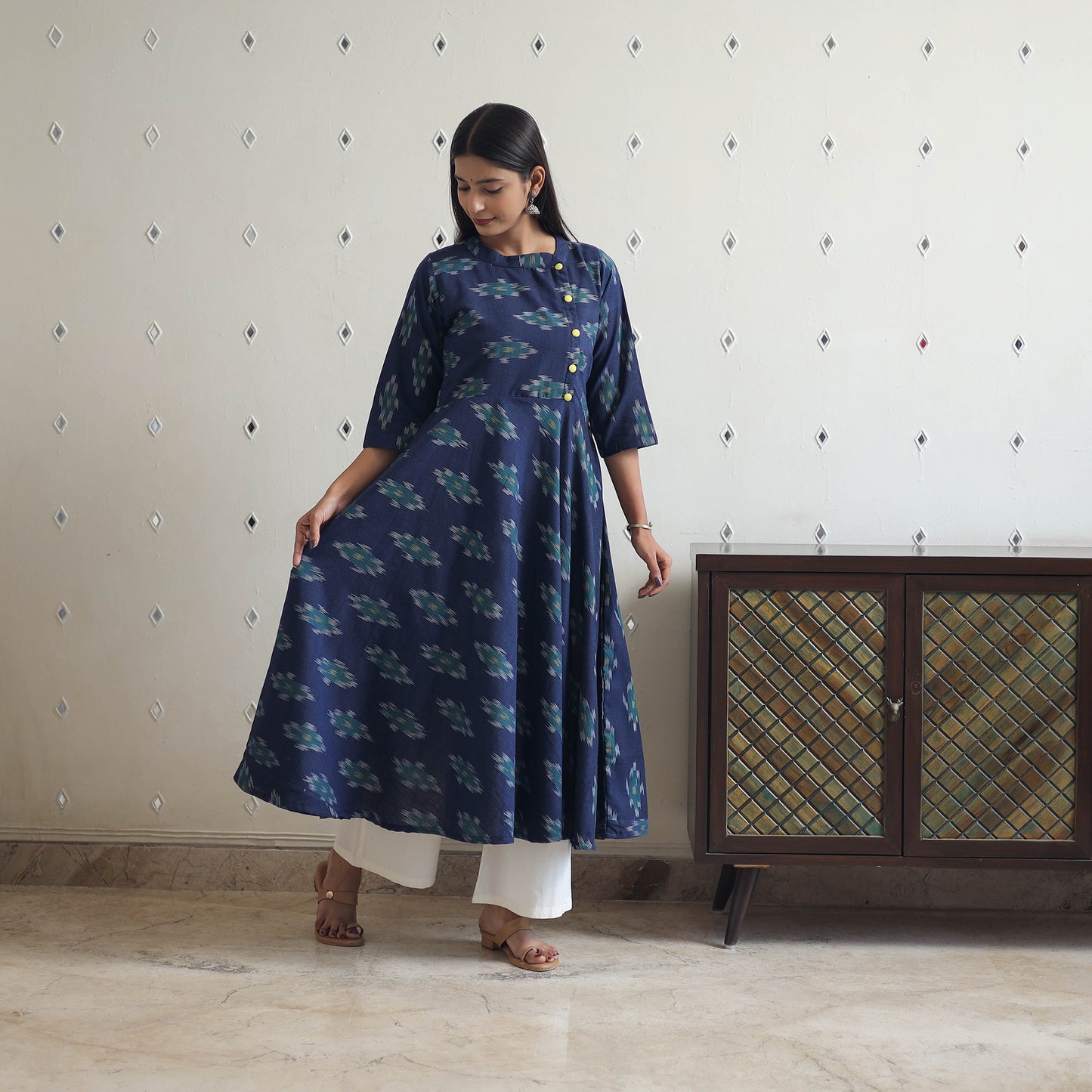 Blue - Cotton Flared Pochampally Ikat Kurta 18