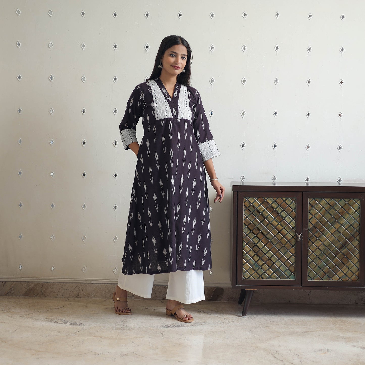 Brown Cotton Pochampally Ikat Kurta for Women