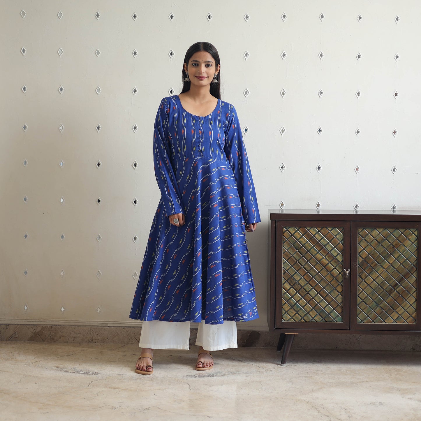Buy Blue Cotton Flared Pochampally Ikat Kurta