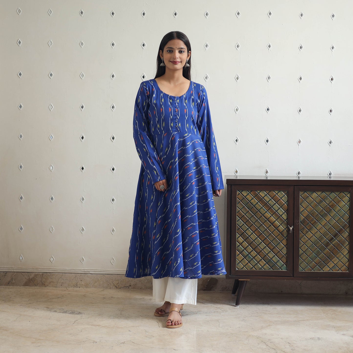 Buy Blue Cotton Flared Pochampally Ikat Kurta