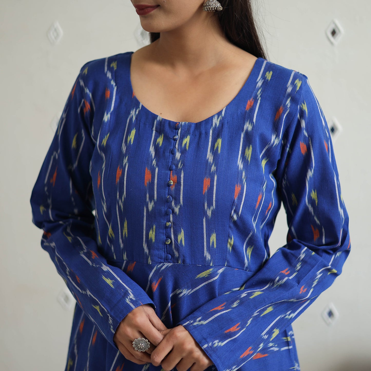 Buy Blue Cotton Flared Pochampally Ikat Kurta