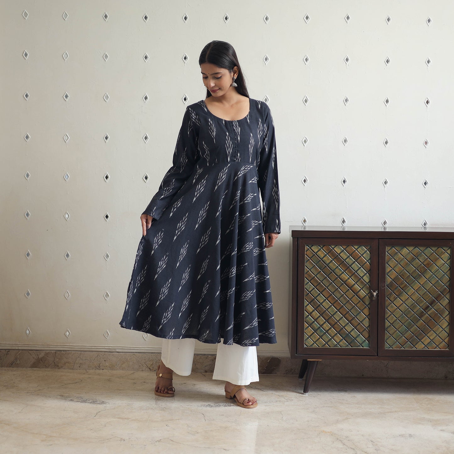 Buy Black Cotton Flared Pochampally Ikat Kurta