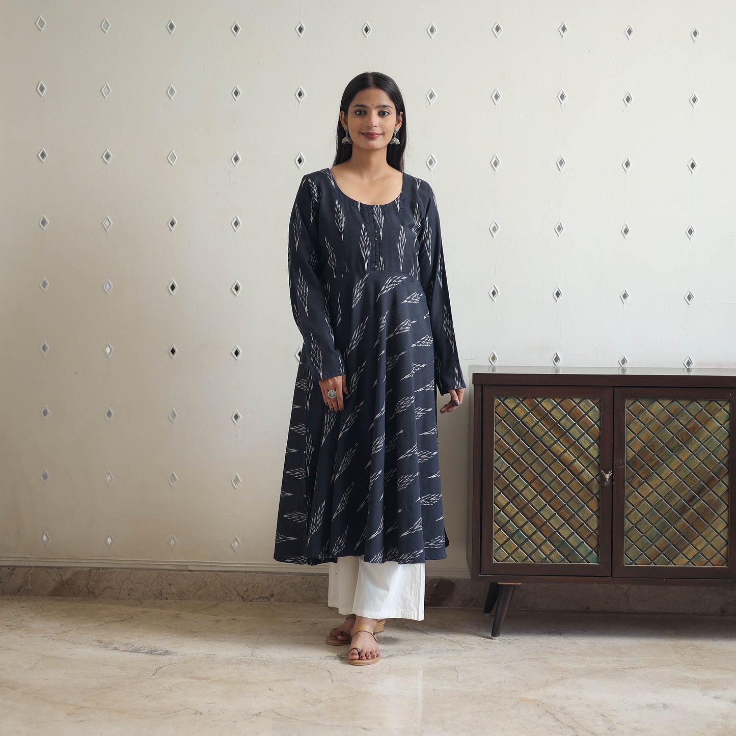 Buy Black Cotton Flared Pochampally Ikat Kurta