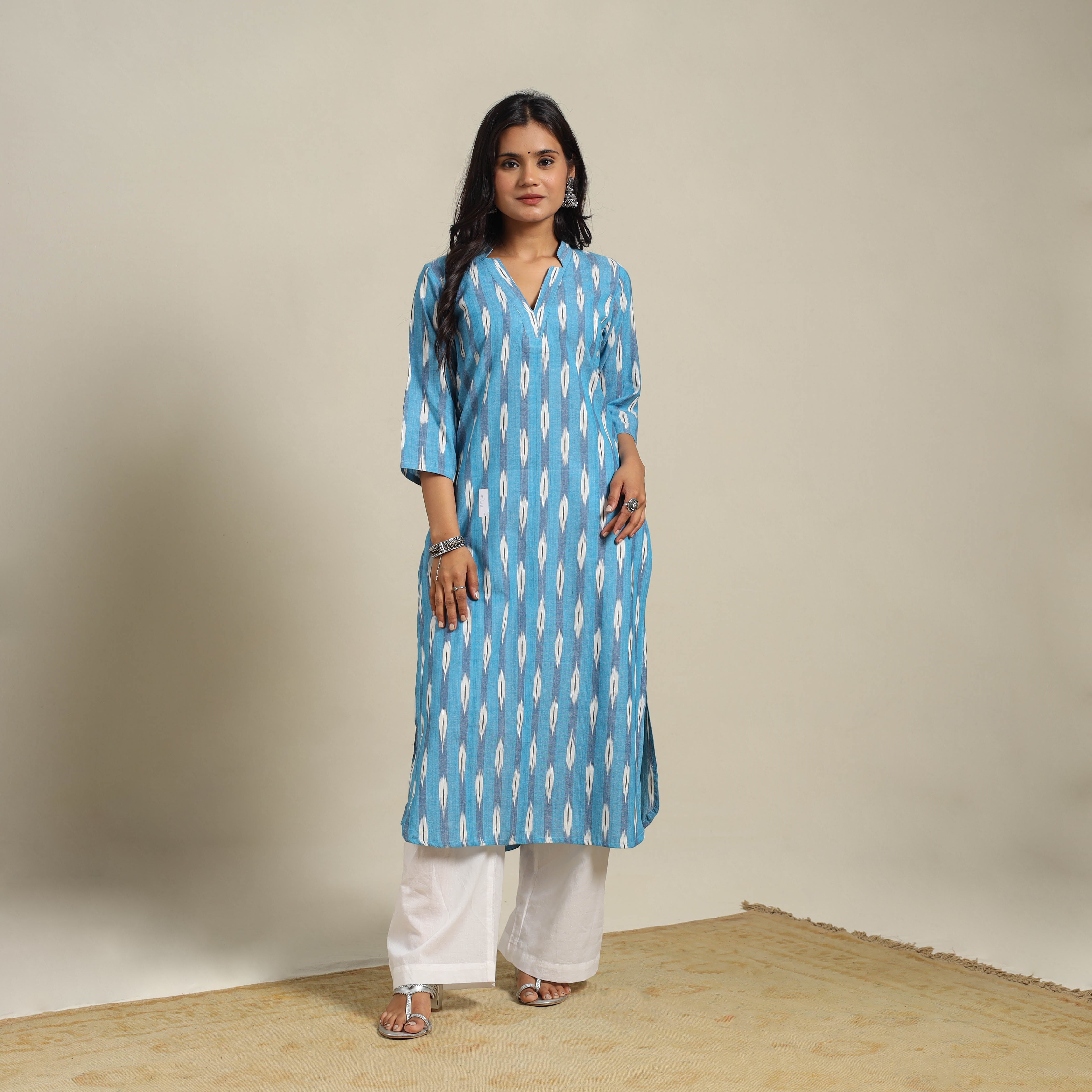 Blue - Cotton Straight Pochampally Ikat Kurta for women 10
