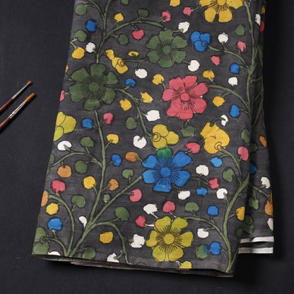 Black - Handpainted Srikalahasti Kalamkari Pen Work Handloom Chanderi Silk Fabric