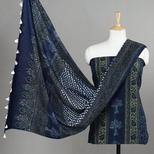 Blue - 3pc Ajrakh Block Printed Cotton Suit Material Set