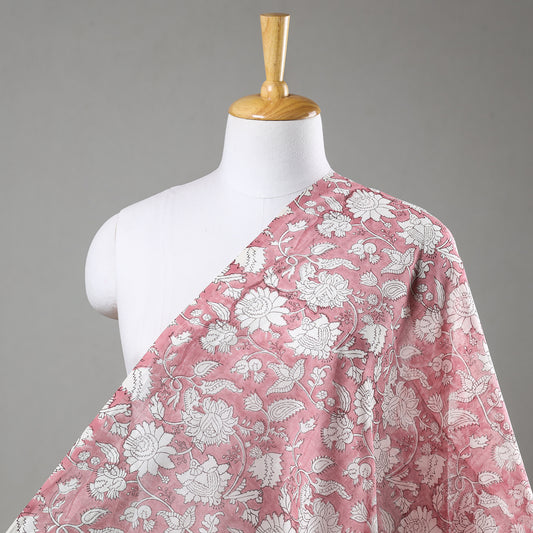 Pink - White Dahlia Flower Pattern Sanganeri Block Printed Chanderi Silk Fabric