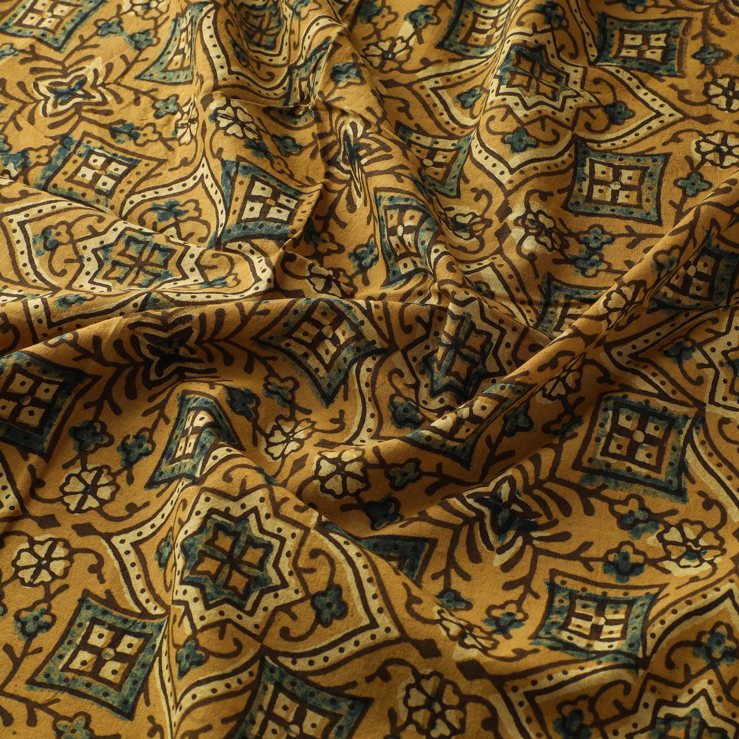 Yellow - Ajrakh Hand Block Print Natural Dyed Cotton Fabric 07