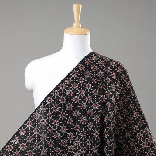 Black - Complex Florid Pattern On Black Ajrakh Hand Block Printed Cotton Fabric