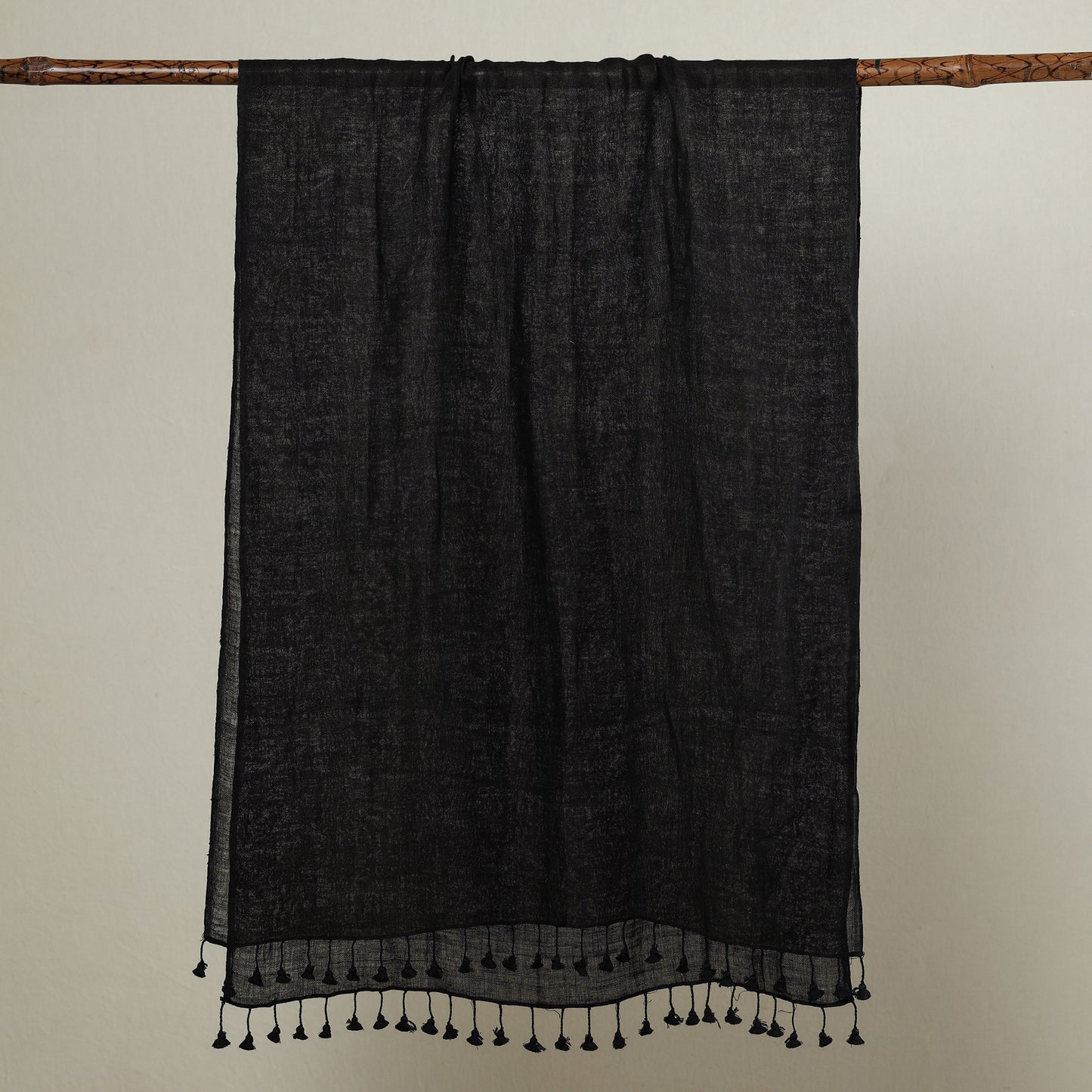 Black - Plain Linen Handloom Stole with Tassels 23