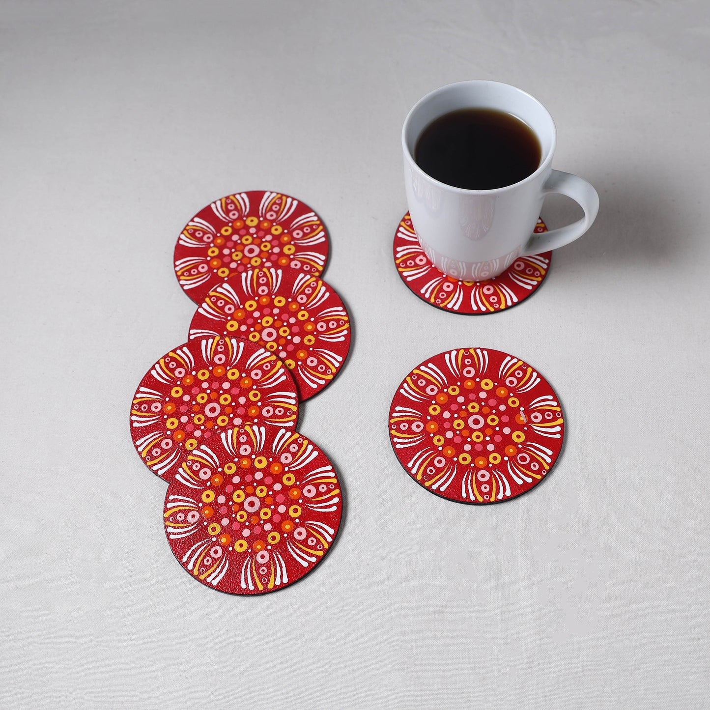 Red - Mandala Art Handpainted Wooden Coasters (Set of 6) 01