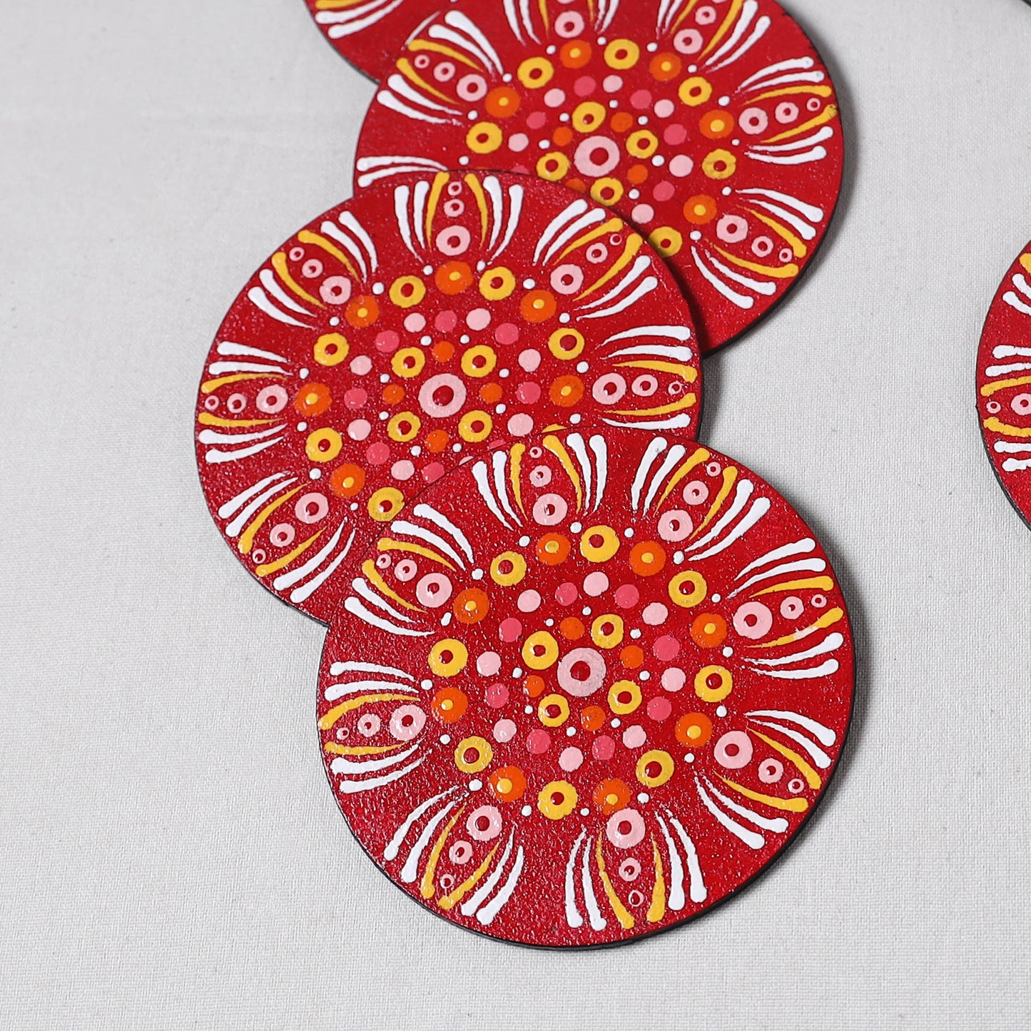 Red - Mandala Art Handpainted Wooden Coasters (Set of 6) 01