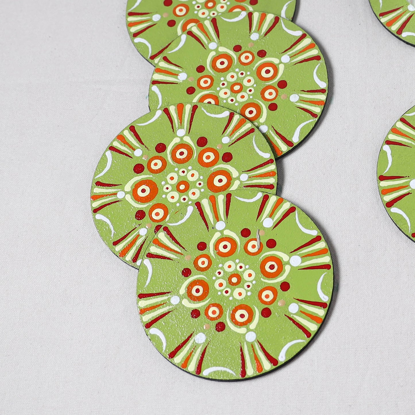 Green - Mandala Art Handpainted Wooden Coasters (Set of 6) 02