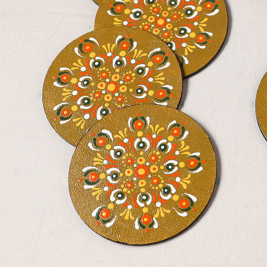 Brown - Mandala Art Handpainted Wooden Coasters (Set of 6) 04