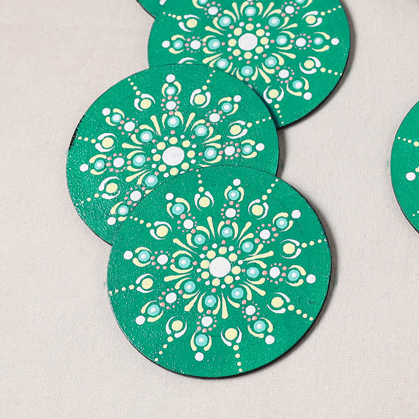 Green - Mandala Art Handpainted Wooden Coasters (Set of 6) 07