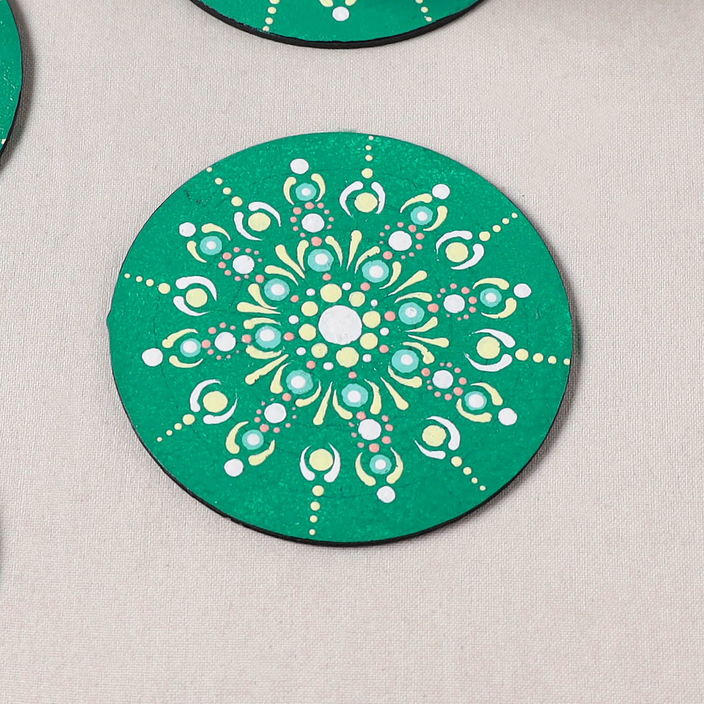 Green - Mandala Art Handpainted Wooden Coasters (Set of 6) 07